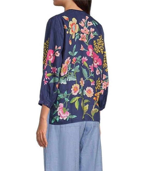 JOHNNY WAS Linen Floral Embroidered Split V-Neck 3/4 Sleeve Blouse Product Image