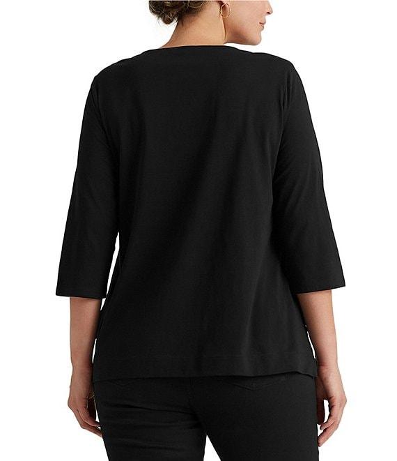 Lauren Ralph Lauren Plus Size Split Round Neck 3/4 Sleeve Woven Trim Knit Top Product Image