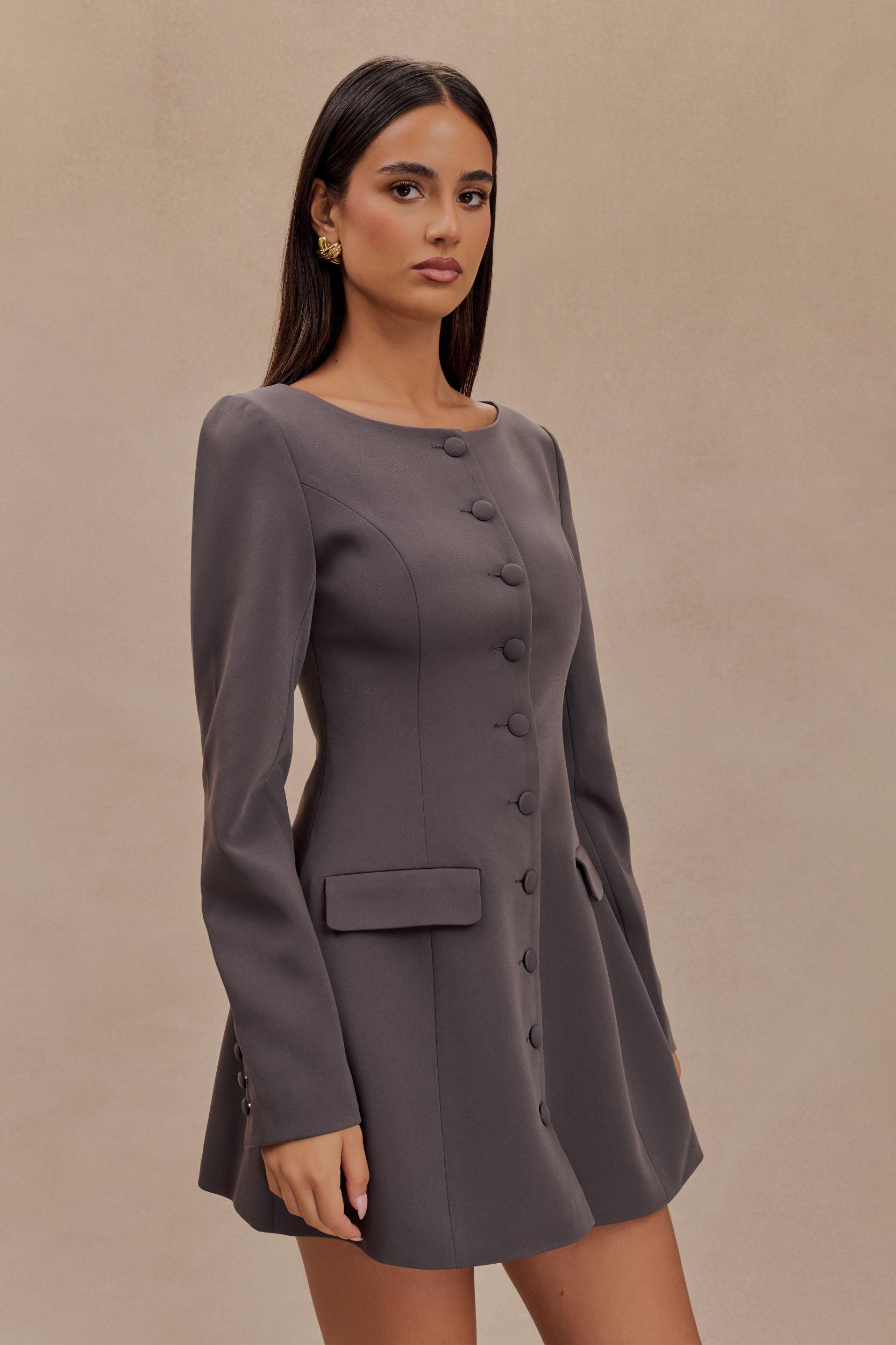 Jolie Boat Neck Suiting Mini Dress - Charcoal Grey Product Image