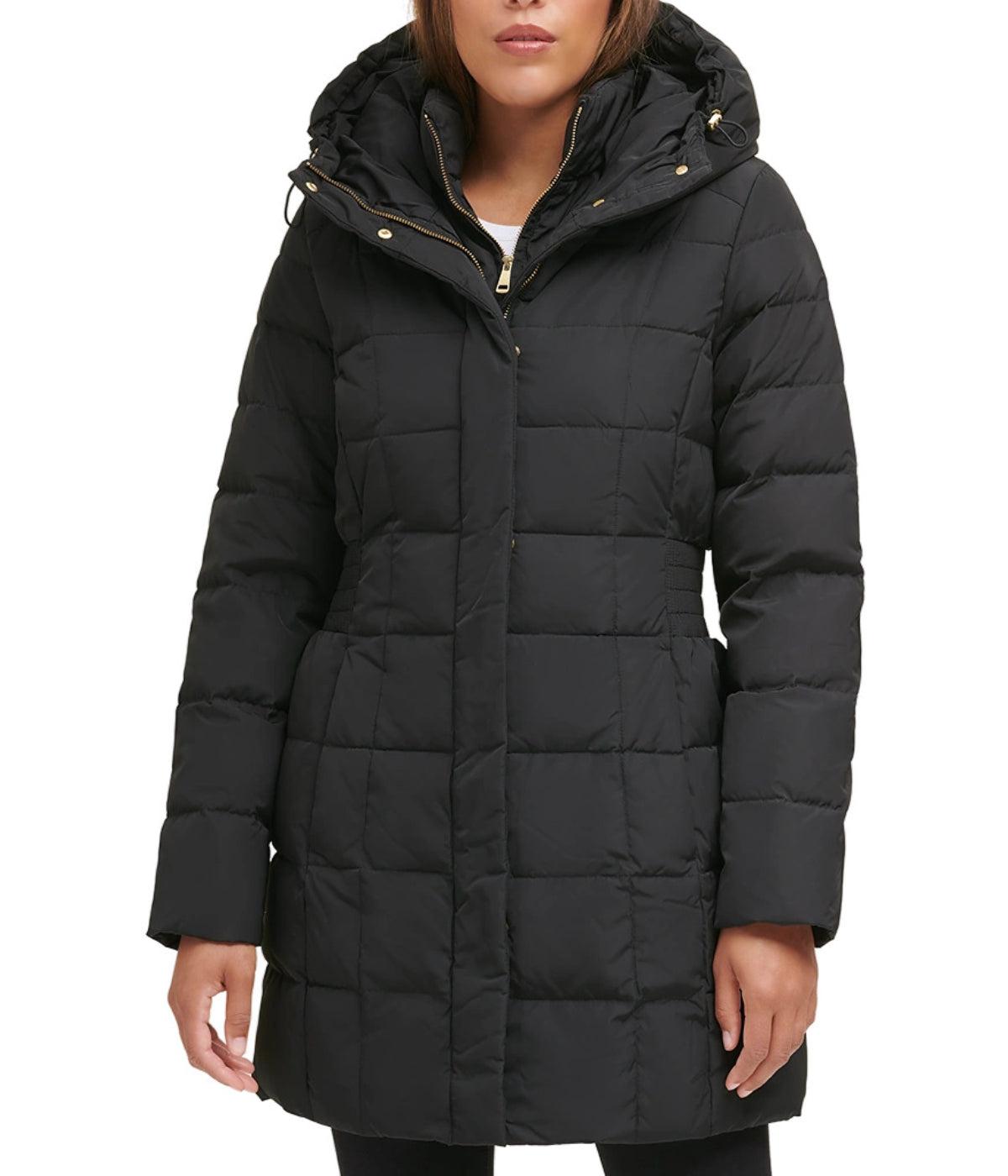 Box Quilt Down Zip Front Coat Dark Black Product Image