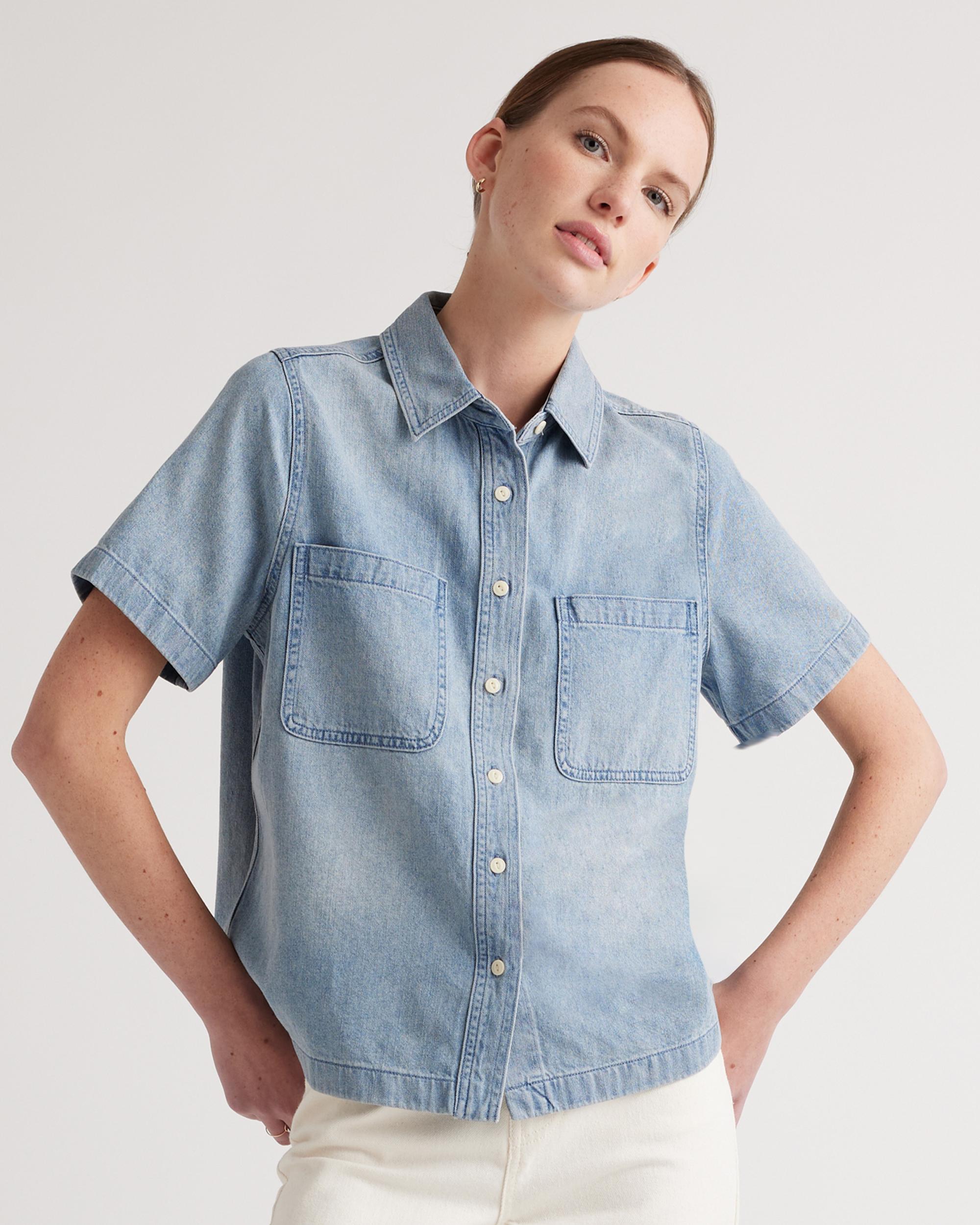 Quince | Women's Distressed Denim Short Sleeve Shirt Cotton Product Image