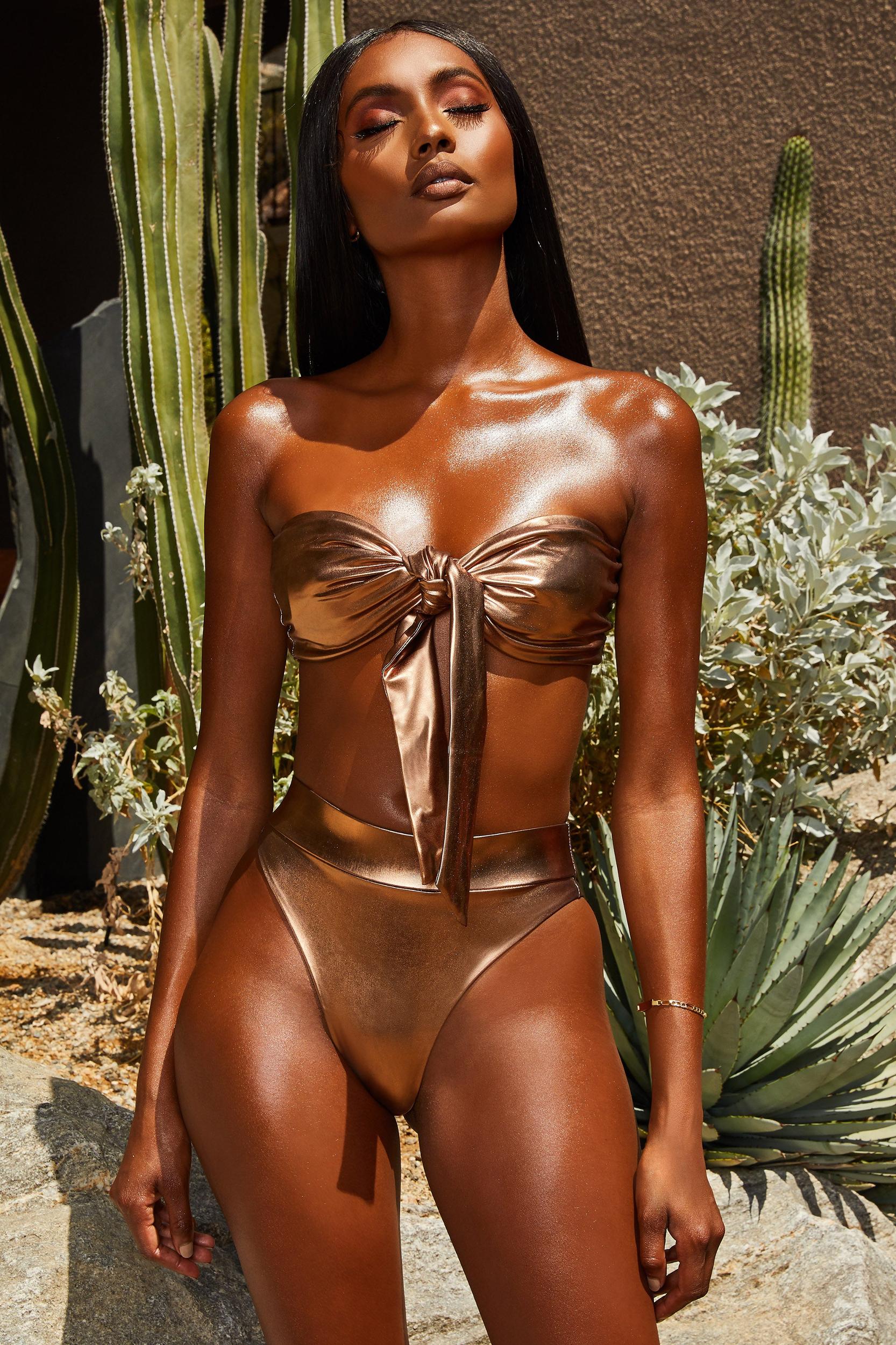 Metallic High Waisted Bikini Bottoms in Bronze Product Image