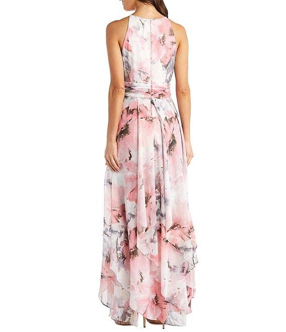 R & M Richards Halter Keyhole Neck Sleeveless Ruched Waist Floral Print Chiffon Gown Product Image