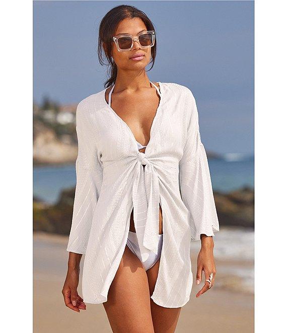 Becca By Rebecca Virtue Radiance Tie Front Bell Sleeves Swim Cover-Up Tunic Product Image