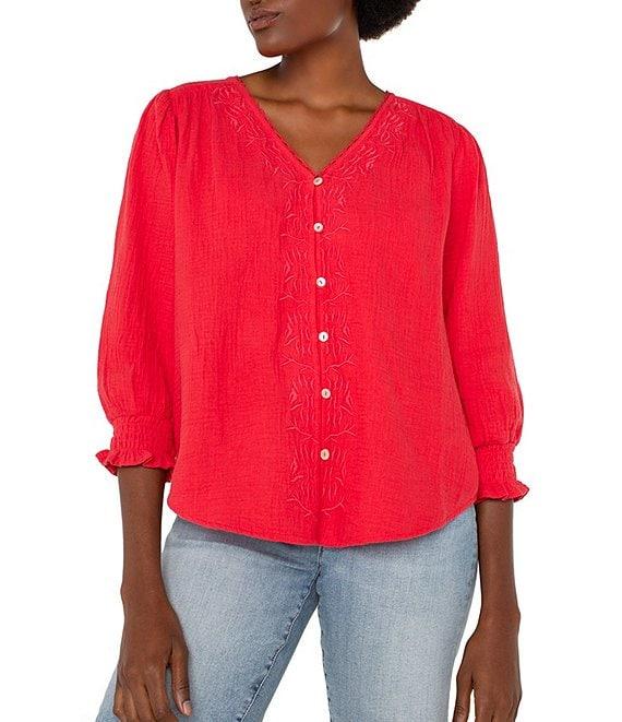 Liverpool Los Angeles Woven V-Neck 3/4 Sleeves Embroidered Blouse Product Image