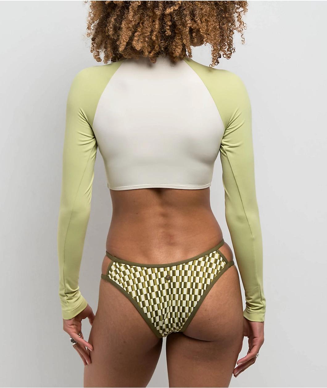 Quiksilver Pipeline Green & White Long Sleeve Crop Swim Top Product Image