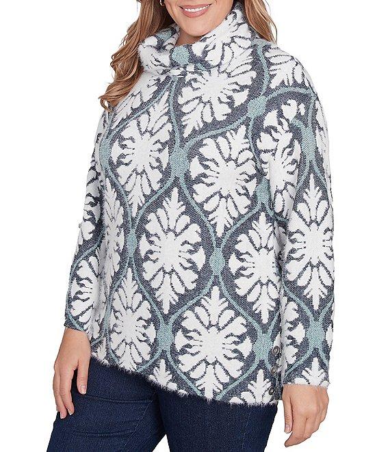Ruby Rd. Plus Size Jacquard Knit Jewel Tile Cowl Neck Long Sleeve Side Slits Sweater Product Image