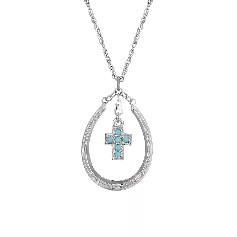 1928 Silver Tone Horseshoe Turquoise Crystal Cross Necklace, Womens Product Image