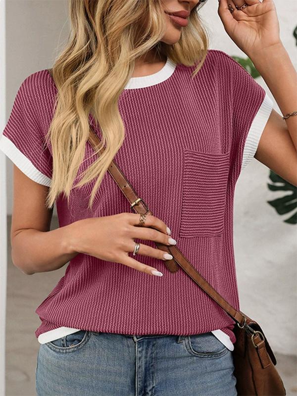Loose Short Sleeves Colorful Contrast Color Pockets Round-neck T-Shirts Tops Product Image