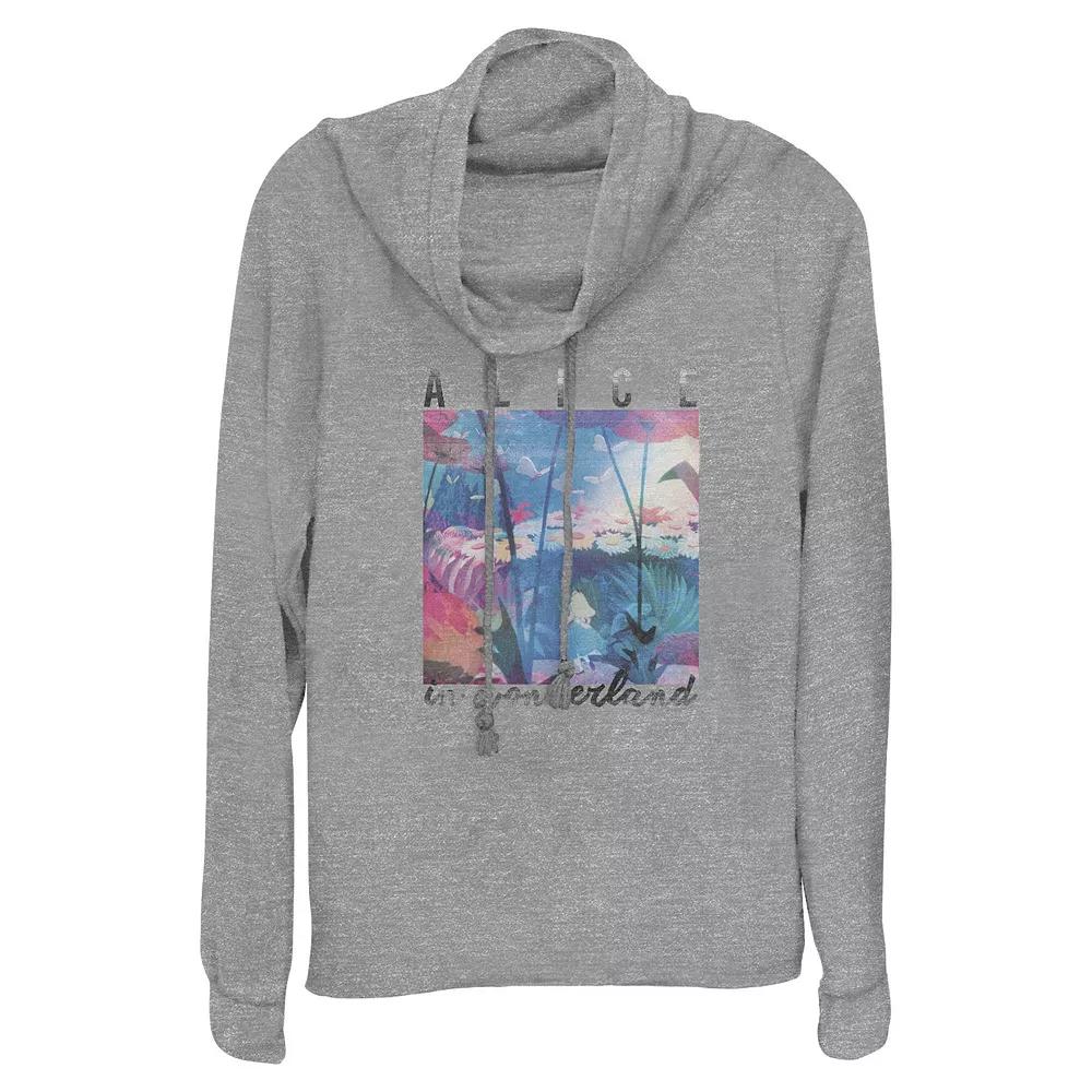 Disney's Alice In Wonderland Magic Garden Scene Women's Cowlneck Graphic Lightweight Long Sleeve, Size: Small, Gray Grey Product Image