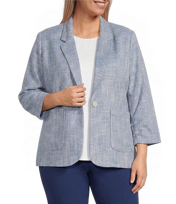 Investments Plus Size Scratch Pattern 3/4 Ruched Sleeve Notch Lapel Lined Button Front Blazer Product Image