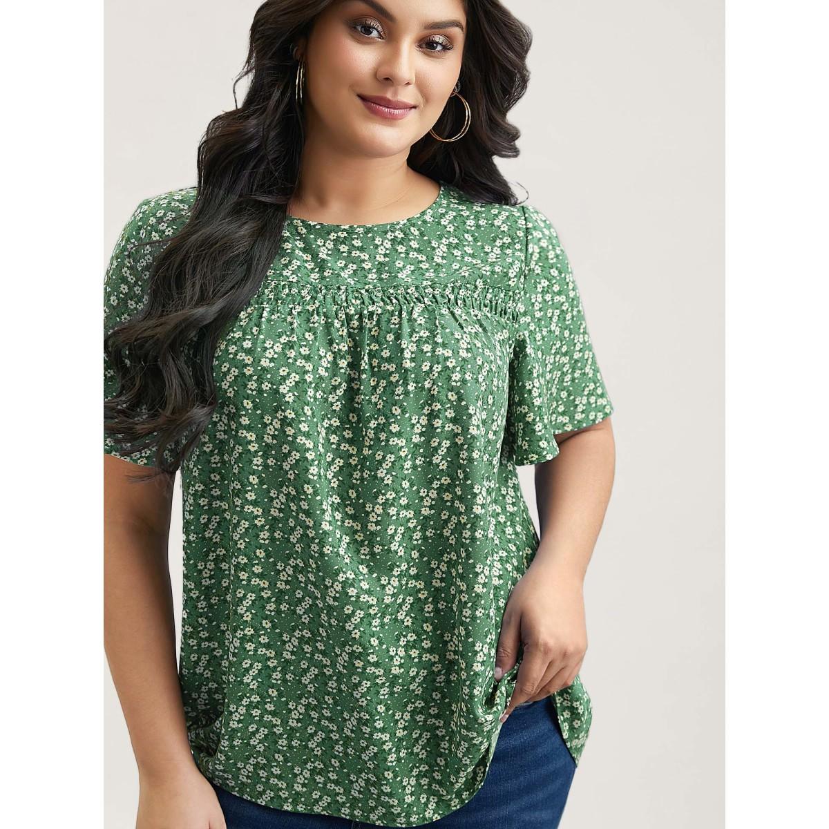 Plus Size Aegean Floral Ruffle Sleeve Gathered Round Neck Blouse Women Leisure Short sleeve Round Neck Casual Blouses BloomChic 10/M Product Image