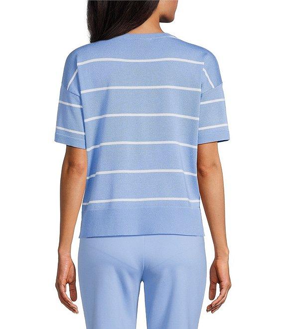 Investments Striped 3/4 Sleeve V-Neck Ribbed Trim Sweater Product Image