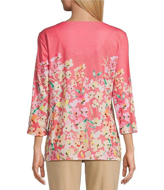 Allison Daley Petite Size Living Floral Print 3/4 Sleeve Criss Cross V-Neck Knit Top Product Image