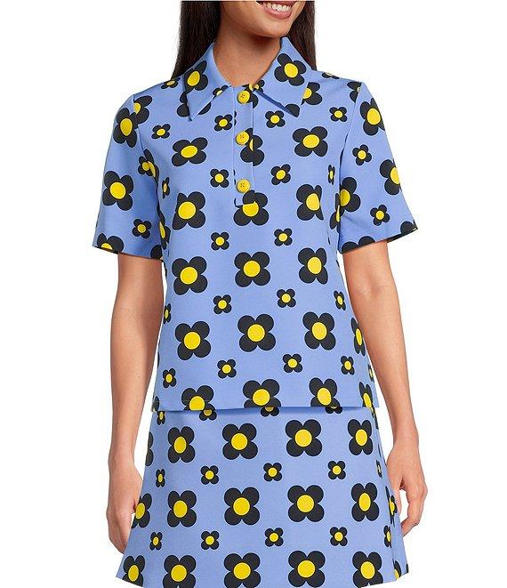 Tara Jarmon Tania Coordinating Geometric Daisy Print Horizon Point Collar 3 Button Placket Short Sleeve Shirt Product Image