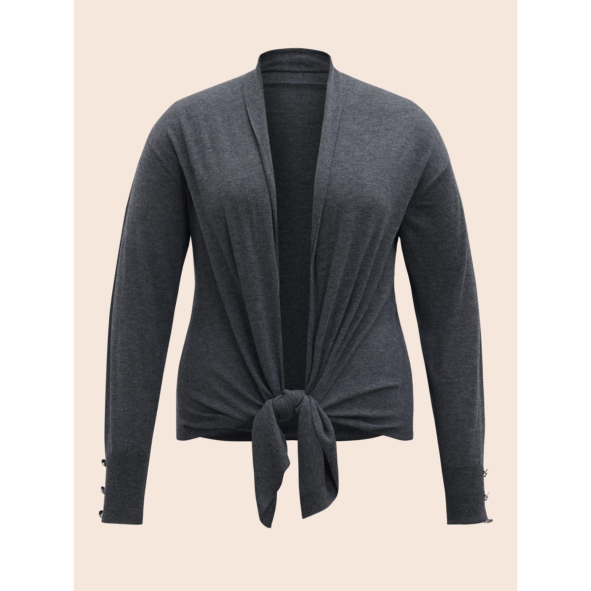 Plus Size Kimono Collar Button Detail Asymmetrical Hem Cardigan DimGray Women Casual Loose Long Sleeve Everyday Cardigans BloomChic 30/6X Product Image