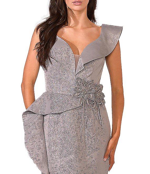 Terani Couture V-Neck Asymmetrical Sleeve Beaded Waist Side Peplum Gown Product Image