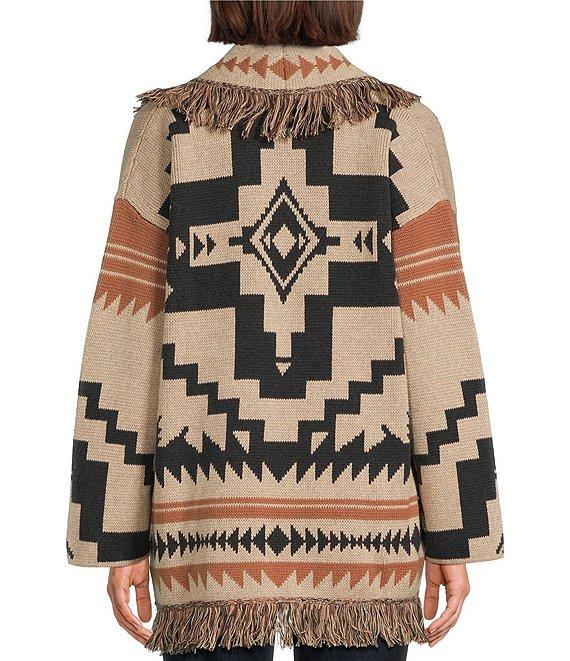 Pendleton Graphic Fringe Shawl Collar Long Sleeve Cardigan Product Image