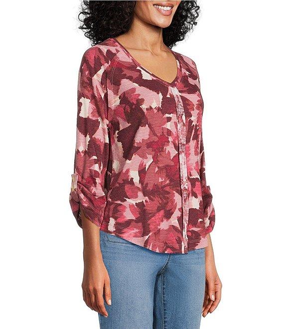 Westbound Petite Size Knit Fest Fuchsia Abstract Foliage 3/4 Bell Sleeve V-Neck Top Product Image