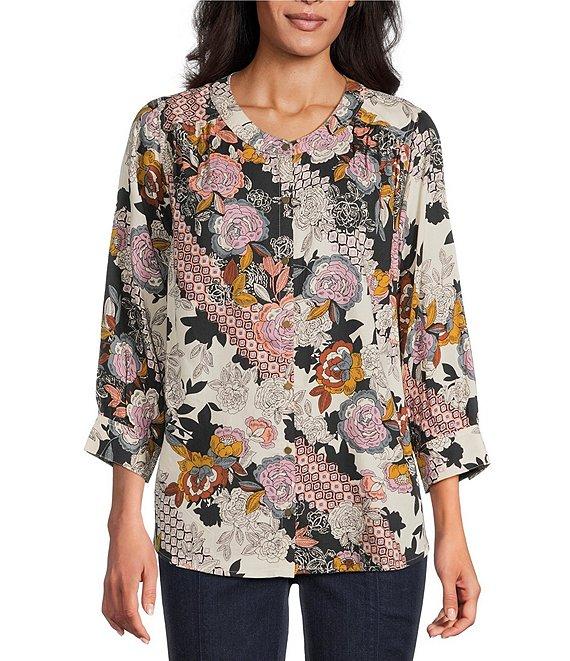 Intro Petite Size Soft Puckered Patch Floral Print Split Round V-Neck 3/4 Sleeve Button Front Shirt Product Image