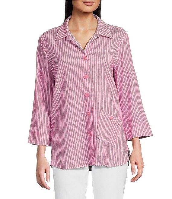 Ali Miles Yarn-Dye Striped Wire Neck 3/4 Sleeve Hi-Low Hem Button Front Tunic Product Image