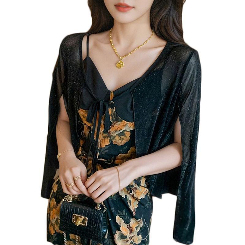 3/4-Sleeve Plain Tie Front Crop Cardigan Product Image