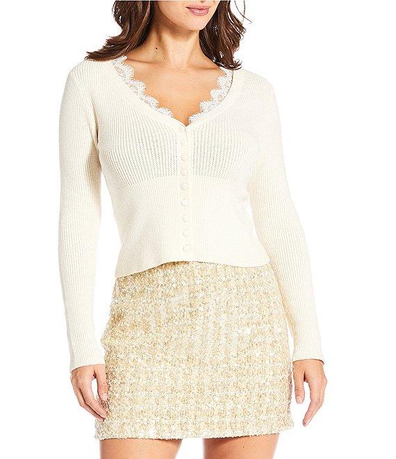 Gianni Bini Lace Detail V-Neck Long Sleeve Sweater Cardigan Product Image
