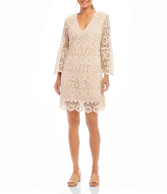 Karen Kane V-Neck Ruffle Sleeve A-Line Crochet Dress Product Image
