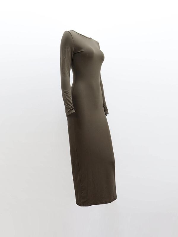 Solid Crew Neck Long Sleeve Midi Dress Product Image