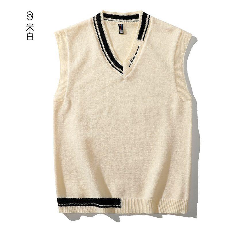 V-Neck Lettering Embroidery Contrast Trim Loose-Fit Sweater Vest Product Image