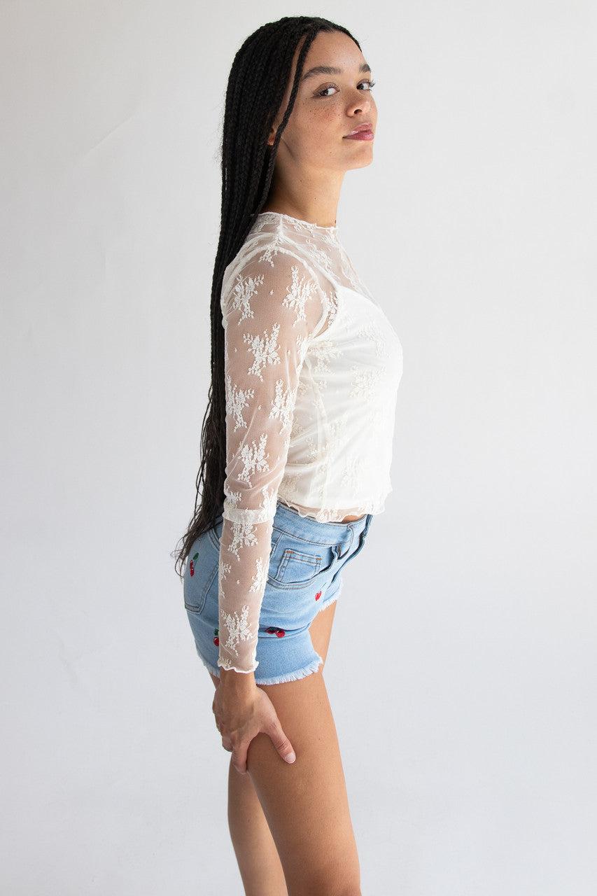 Long Sleeve Mesh Lace Top With Cami Product Image
