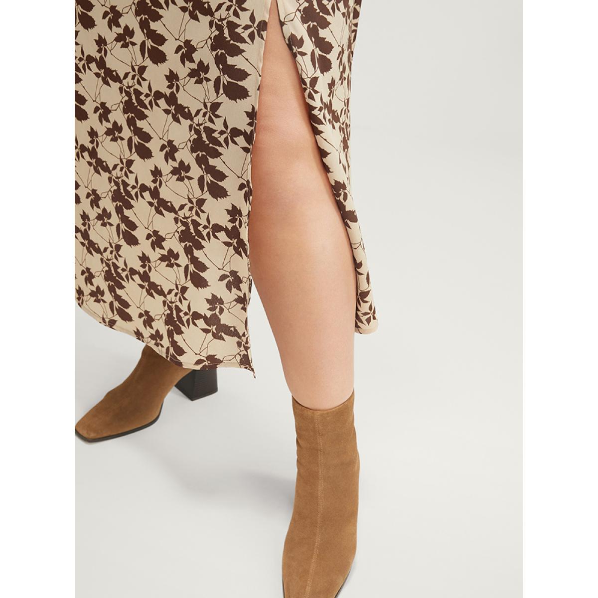 Plus Size Plant Print Pocket Lantern Sleeve Split Midi Dress Tan Women Elegant Pocket V-neck Long Sleeve Curvy Midi Dress BloomChic 14-16/1X Product Image