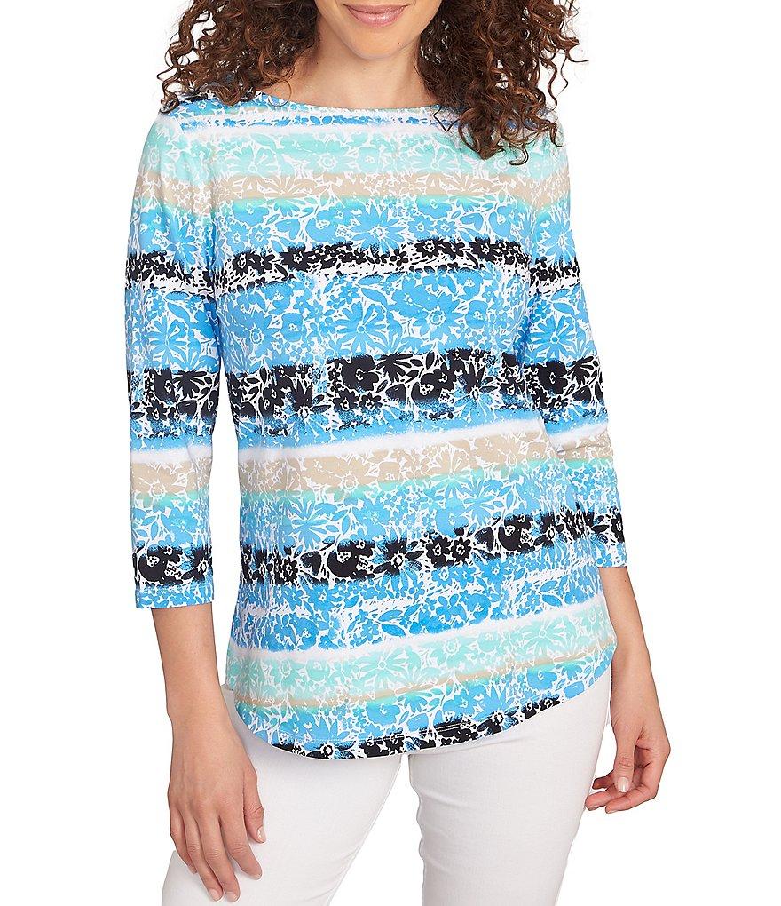 Ruby Rd. Soft Jersey Knit Mixed Floral Watercolor Stripe Boat Neck 3/4 Sleeve Top Product Image