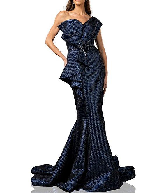 Terani Couture One Shoulder 3D Ruffle Front Front Jacquard Mermaid Gown Product Image
