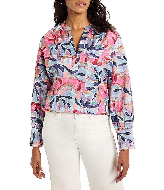 NIC + ZOE Woven Firework Foliage Split Neck Long Sleeve Blouse Product Image