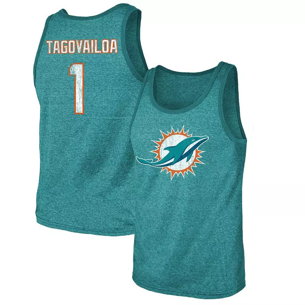 Men's Majestic Threads Tua Tagovailoa Aqua Miami Dolphins Name & Number Tri-Blend Tank Top, Size: Small, Turquoise A Product Image