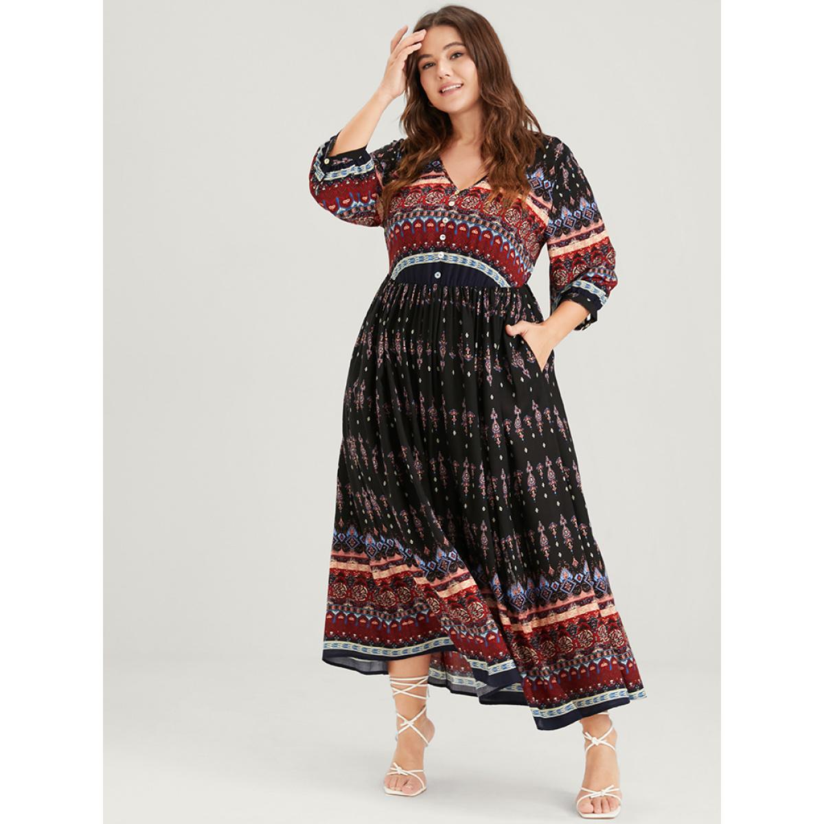 Plus Size Bandana Button Pocket Flutter Split Hem Midi Dress Black Women Elegant Elastic Waist V-neck Elbow-length sleeve Curvy Long Dress BloomChic 28/5X Product Image