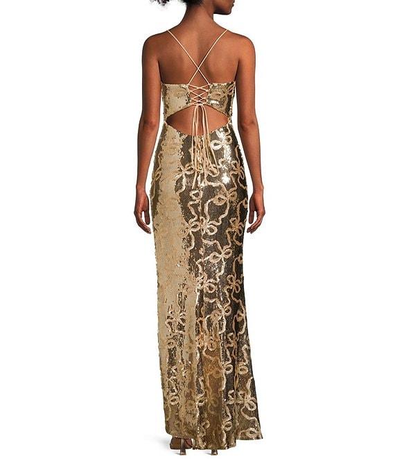 City Vibe Bow Sequin Pattern Lace Up Back Side Slit Dress Product Image