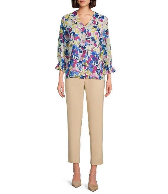 Investments Riley Woven Painted Garden Cascading Ruffle V-Neck 3/4 Sleeve Top Product Image