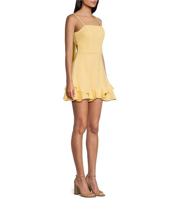 Dear Moon Scuba Crepe Spaghetti Strap Square Neck Corset Tie Back Double Ruffle Dress Product Image