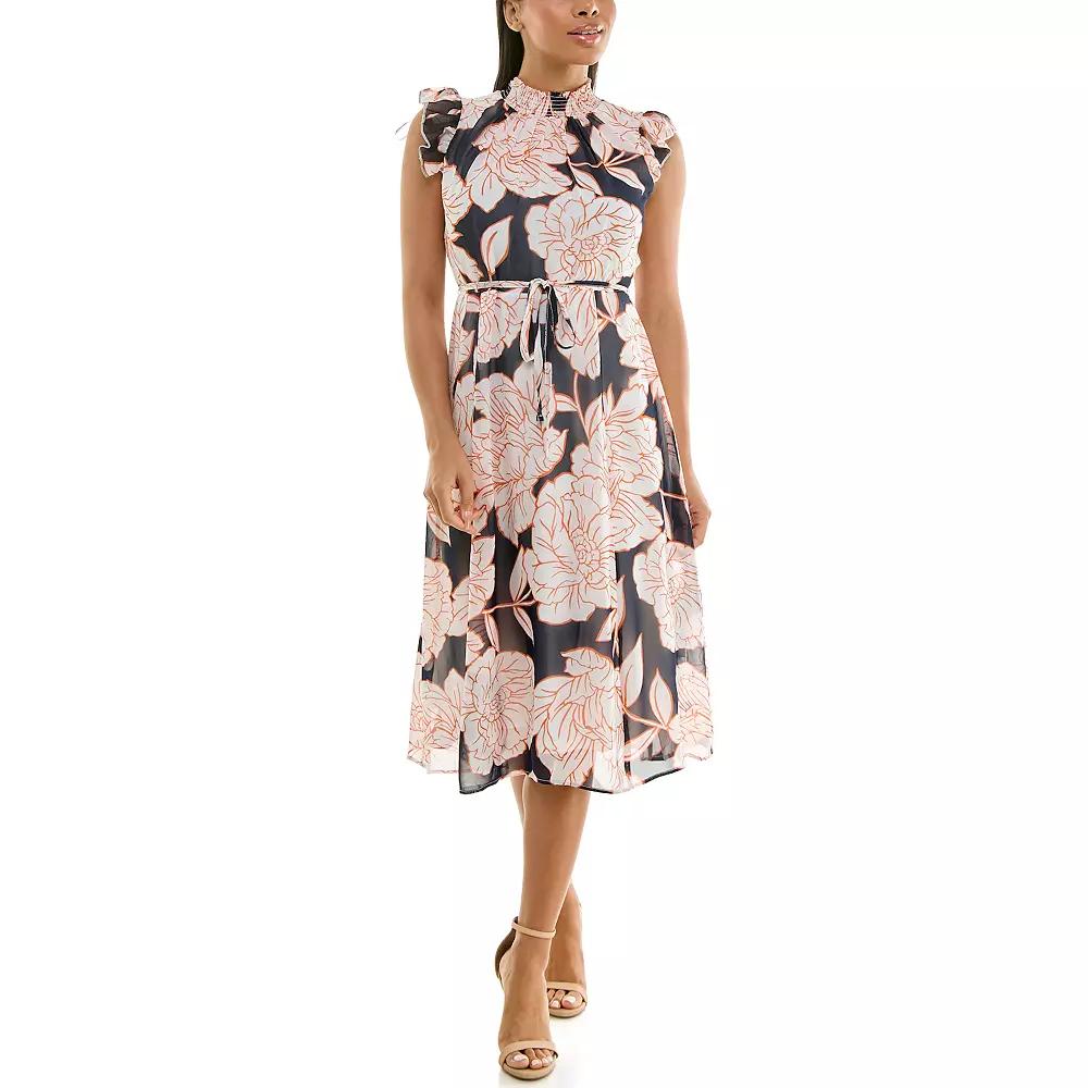 Women's Nina Leonard Smocked Flutter Sleeve Print Dress, Size: Small, Navy Orange Ivory Product Image