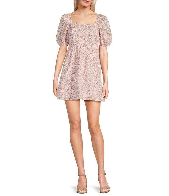 Copper Key Royal Floral Print Square Neck Short Puff Sleeve Smocked Back Dress Product Image