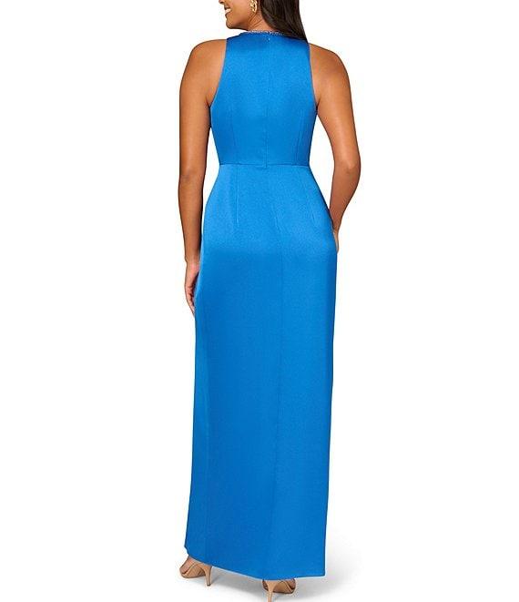 Aidan Mattox Satin V Neckline Sleeveless Draped Gown Product Image