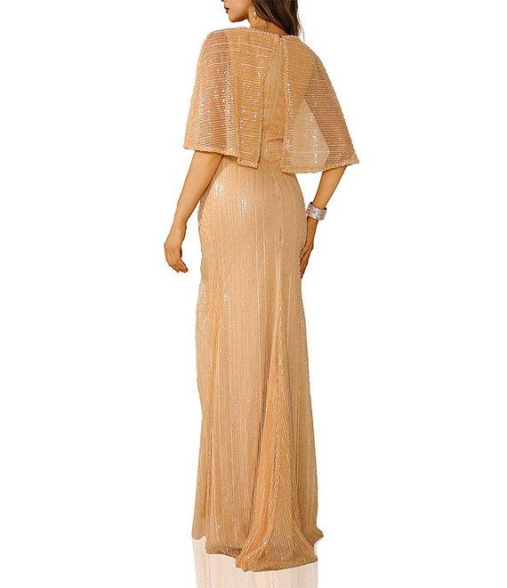 Terani Couture Round Neck Sequin Tulle Ruched Front Capelet Gown Product Image