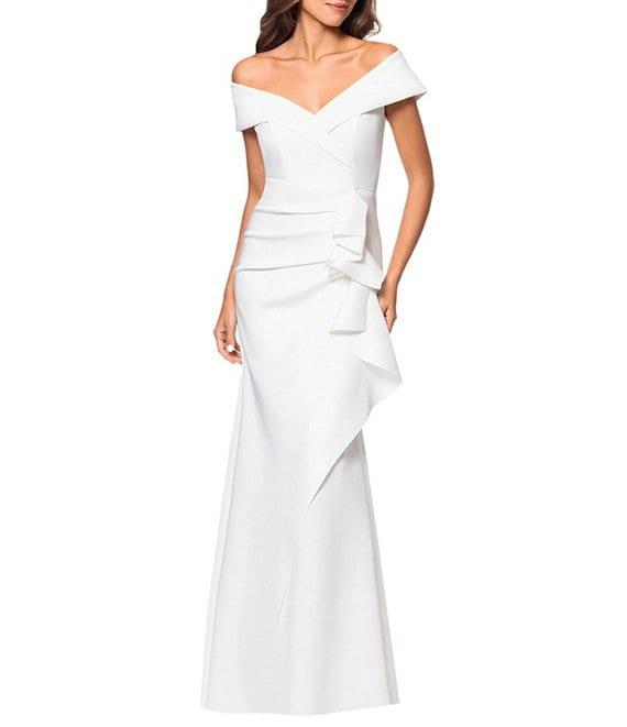 Xscape Stretch Off-the-Shoulder Short Sleeve Mermaid Ruffle Gown Product Image