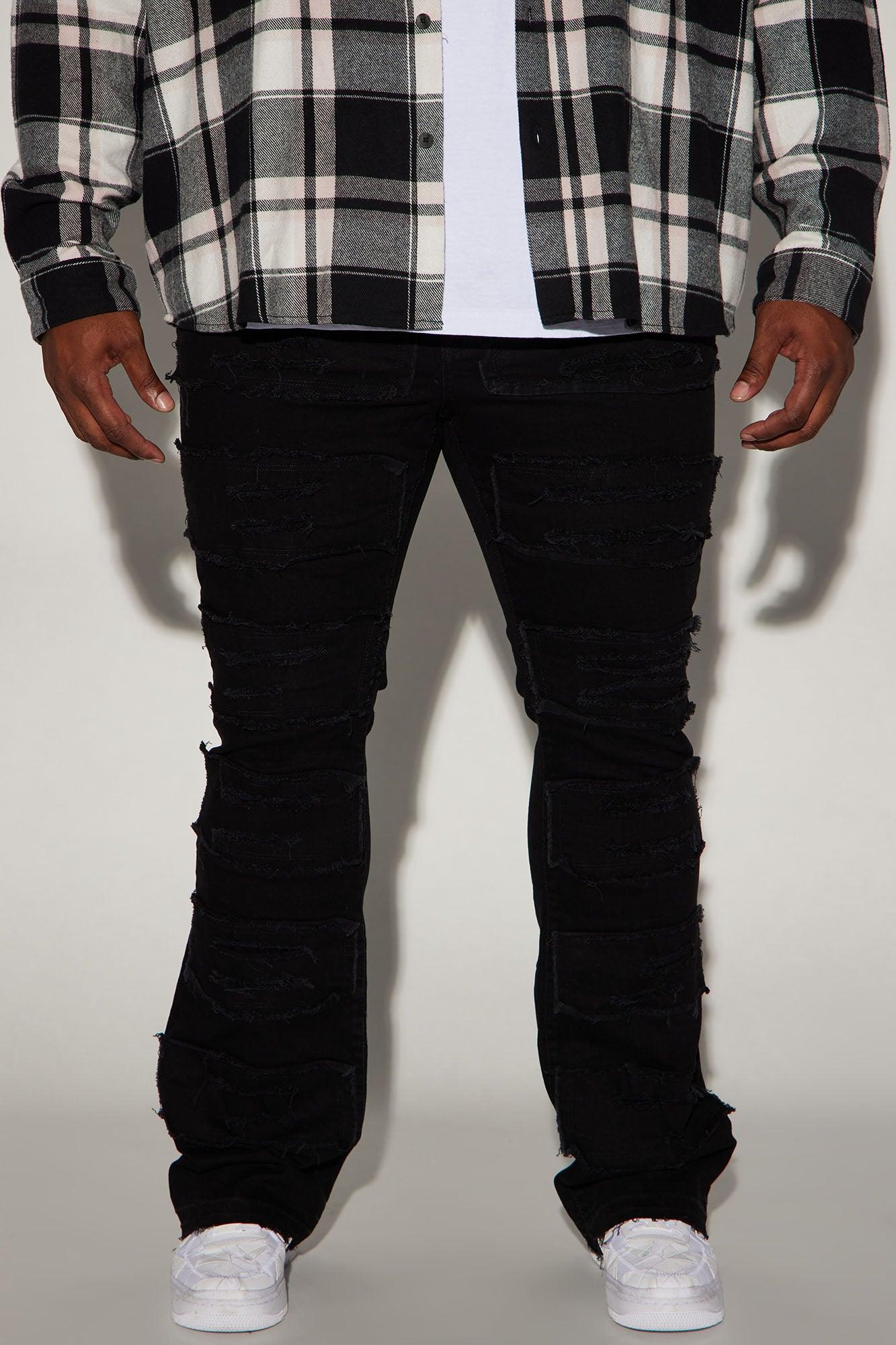 Patch Ripped Stacked Skinny Flare Jeans - Black Product Image