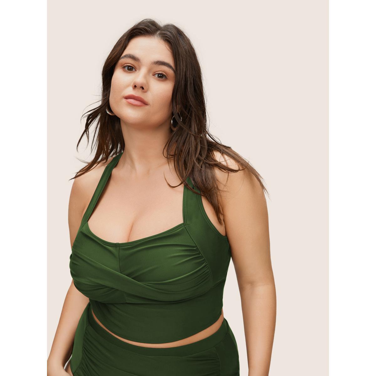 Plus Size Solid Crossover Square Neck Adjustable Straps Swim Top Women's Swimwear ArmyGreen Resort Twist High stretch Skinny Square Neck Curve Swim Tops BloomChic 10/M Product Image