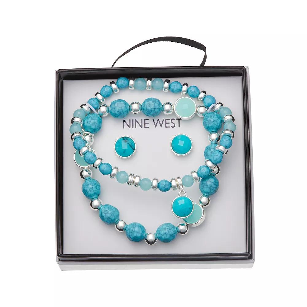 Nine West Silver Tone 2-Row Blue Beaded Bracelet & Stud Earrings Set, Women's Product Image