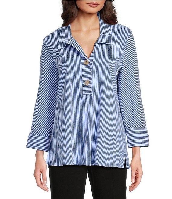 Ali Miles Crinkle Stripe Y Neckline Cuffed 3/4 Sleeve Top Product Image