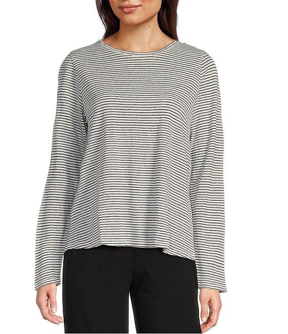 Eileen Fisher Striped Organic Linen Jersey Crew Neck Long Sleeve Tee Product Image